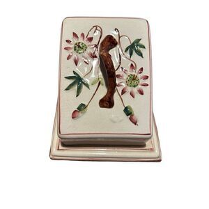 Vintage Glazed Pottery Lidded Cheese Server Cream Floral Pattern Large Keeper